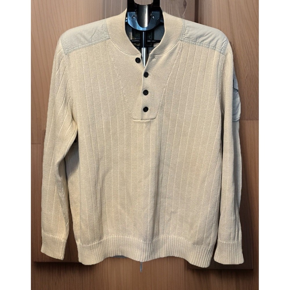 Eddie Bauer Sport Shop Mens L Biege Sweater Henley Knit‎ Shoulder Patch Pocket